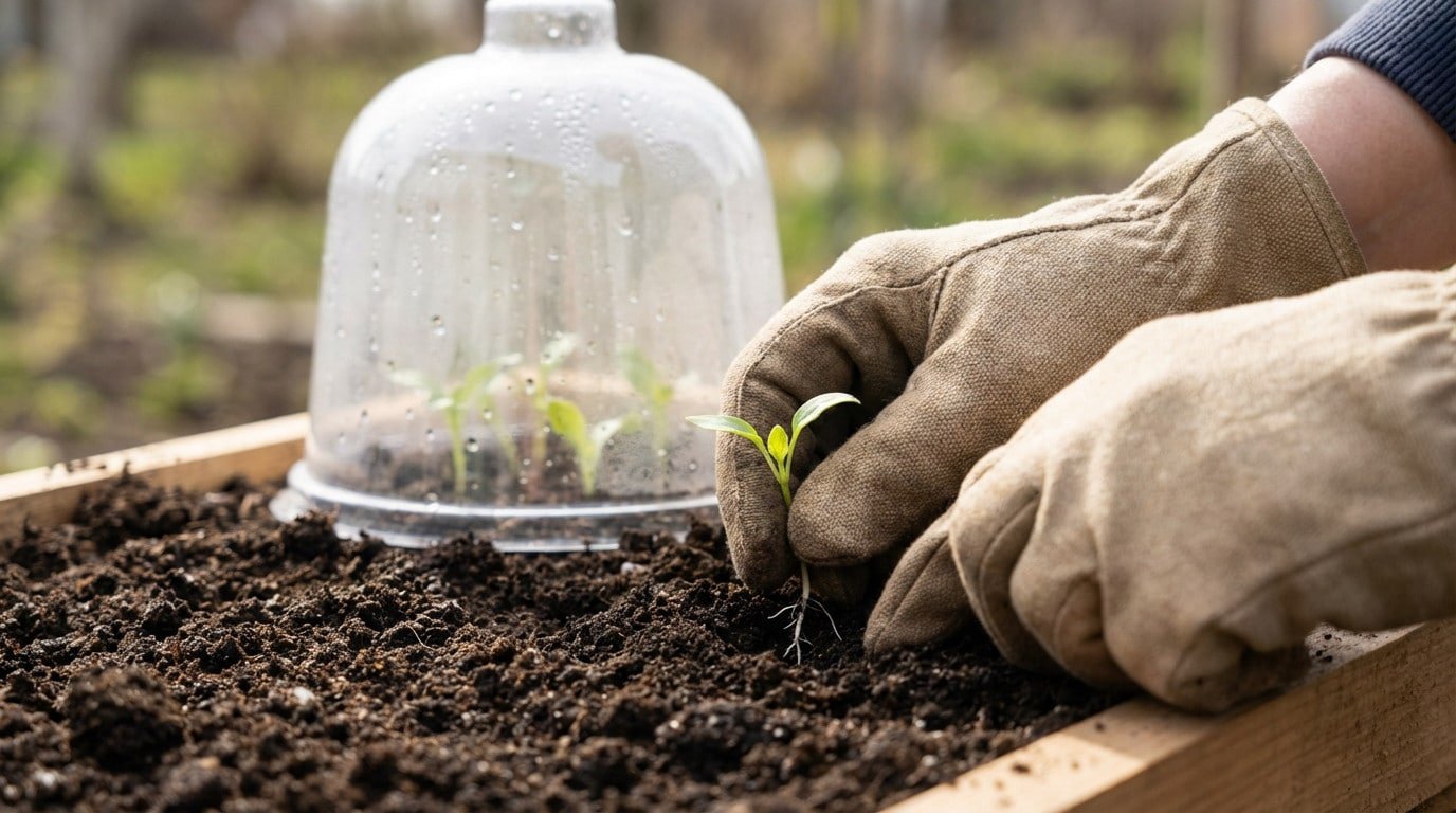 Gloved hands plant a green seedling with roots into rich soil. A clear, dewy cloche protects other plants in the blurred background.