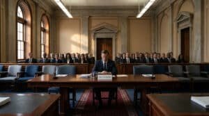 A man in a dark suit sits at a large wooden table in a grand, formal government hearing room, surrounded by blurred figures. Serious mood.