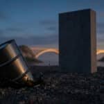 A tilted metallic oil barrel with a splash, a dark stable block, and a warm glowing bridge connecting landmasses at twilight, symbolizing market shifts.