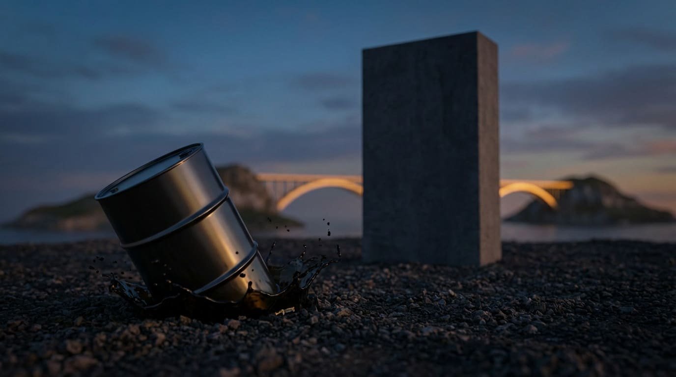 A tilted metallic oil barrel with a splash, a dark stable block, and a warm glowing bridge connecting landmasses at twilight, symbolizing market shifts.