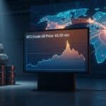 Digital display shows WTI Crude Oil Price 63.55 USD with a downward graph. Stacked oil barrels and a world map with tension lines are in the background.