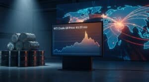 Digital display shows WTI Crude Oil Price 63.55 USD with a downward graph. Stacked oil barrels and a world map with tension lines are in the background.