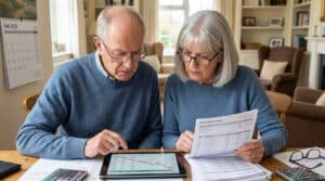 Older couple intently reviews financial statements and a tablet with a downward graph, showing concern. Calendar 'Feb 2026' visible.
