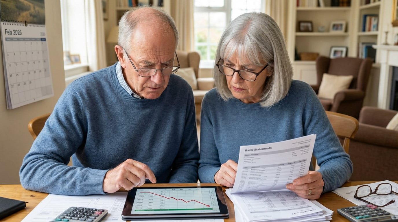 Older couple intently reviews financial statements and a tablet with a downward graph, showing concern. Calendar 'Feb 2026' visible.