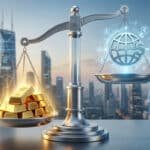 Balance de justice comparant lingots d'or lumineux à un globe numérique avec symboles monétaires, année 2026 visible.