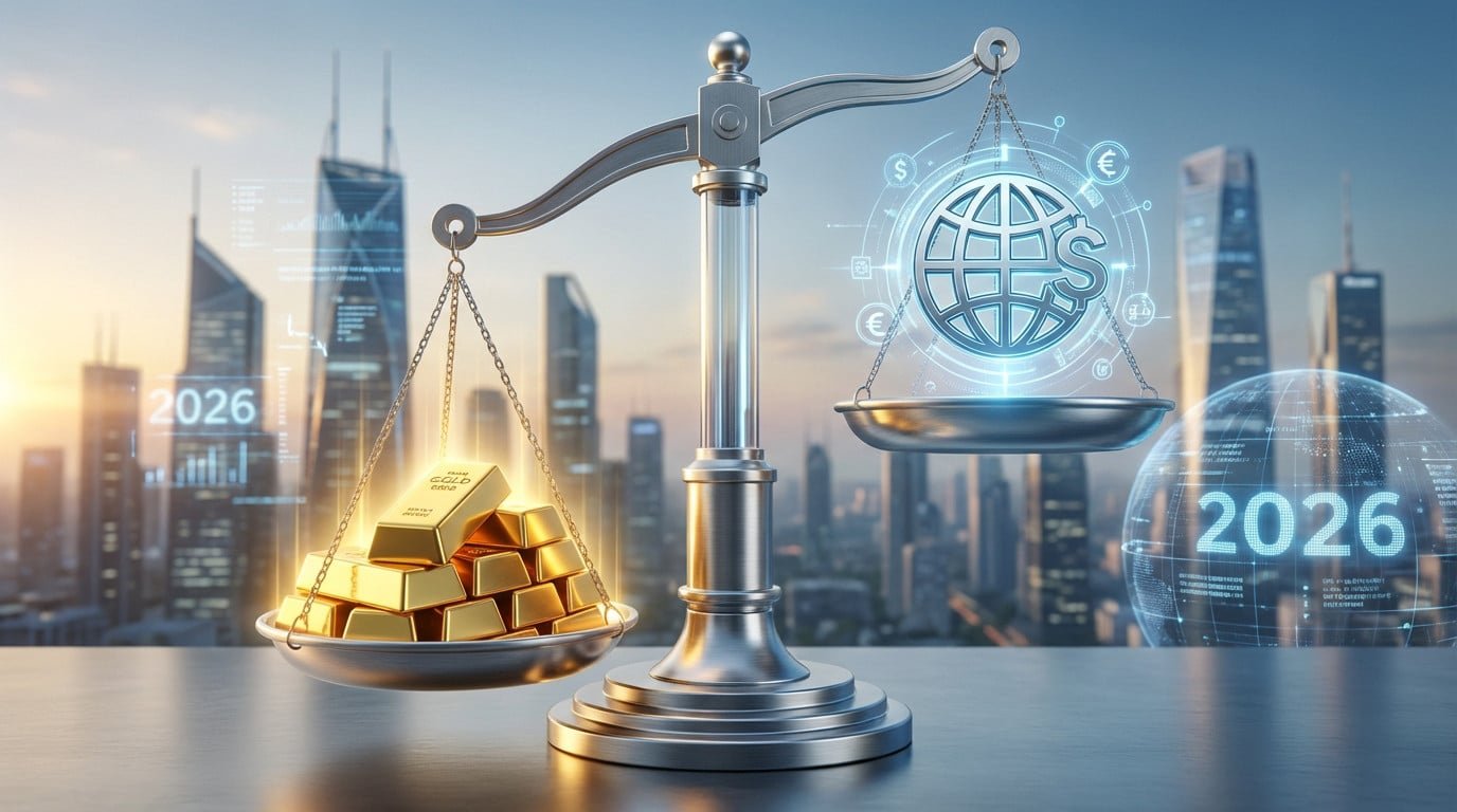 Balance de justice comparant lingots d'or lumineux à un globe numérique avec symboles monétaires, année 2026 visible.