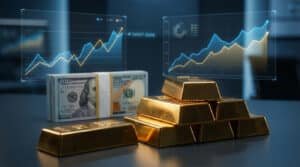 Plusieurs lingots d'or et une liasse de dollars devant des écrans affichant des graphiques financiers de tendance haussière.