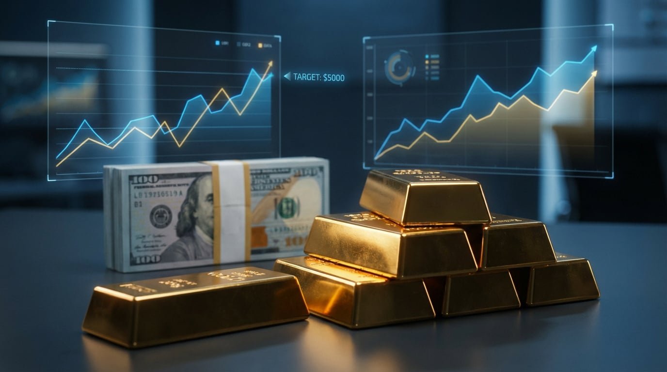 Plusieurs lingots d'or et une liasse de dollars devant des écrans affichant des graphiques financiers de tendance haussière.