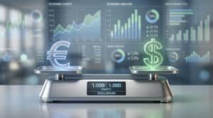 Symbole euro et dollar sur une balance affichant la parité. Graphiques financiers en arrière-plan flou.