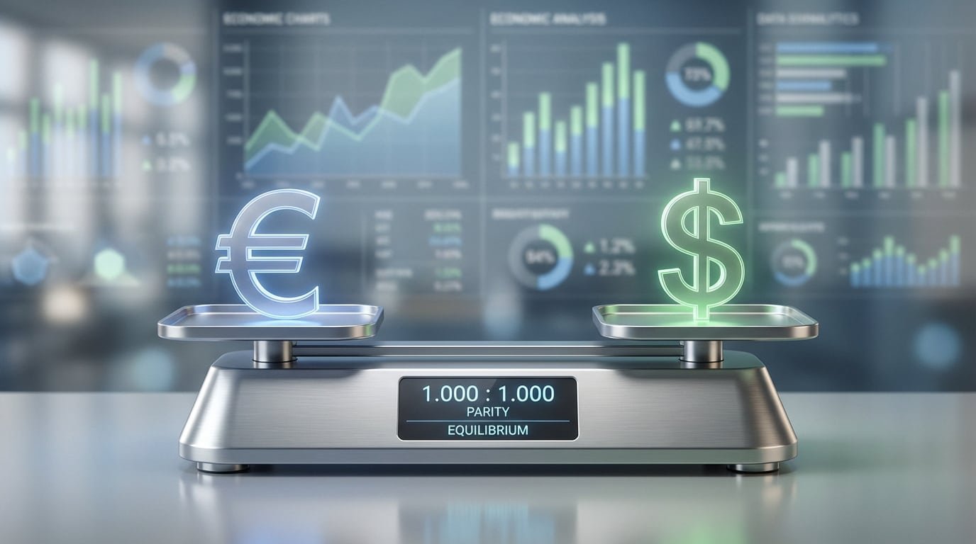 Symbole euro et dollar sur une balance affichant la parité. Graphiques financiers en arrière-plan flou.