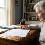 An older person with gray hair, focused, reviewing documents at a wooden desk in a sunlit home office, with a plant and bookshelf in the blurred background.
