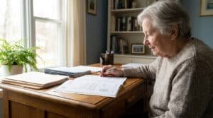 An older person with gray hair, focused, reviewing documents at a wooden desk in a sunlit home office, with a plant and bookshelf in the blurred background.