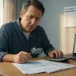 A man in his late 40s intently examines pension documents with a magnifying glass, calculator, and laptop displaying data, 2026 calendar.