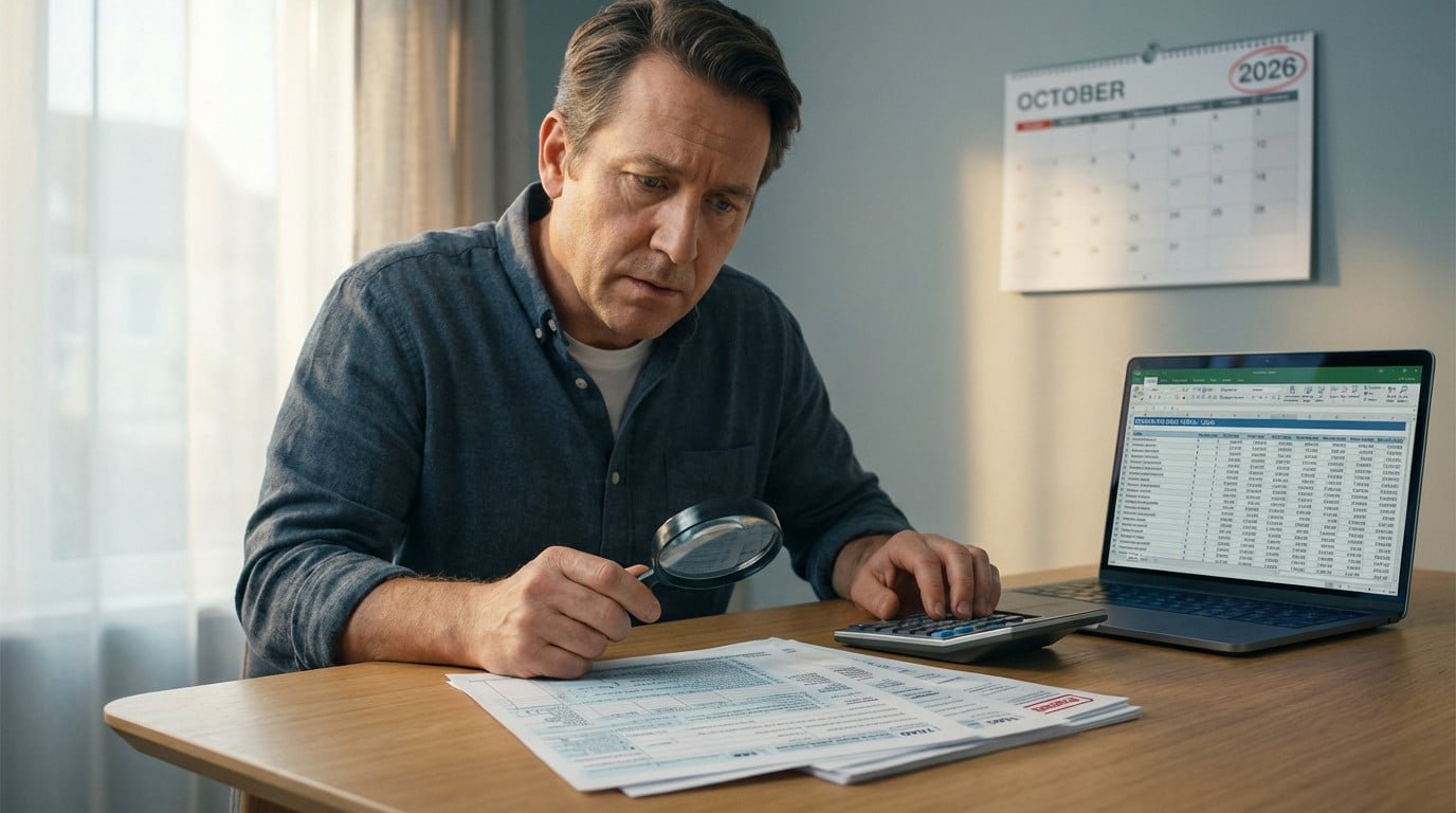 A man in his late 40s intently examines pension documents with a magnifying glass, calculator, and laptop displaying data, 2026 calendar.