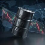 Un baril de pétrole WTI en métal devant un graphique boursier montrant une baisse des prix et une carte du monde en arrière-plan.