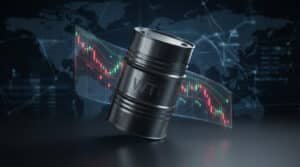 Un baril de pétrole WTI en métal devant un graphique boursier montrant une baisse des prix et une carte du monde en arrière-plan.