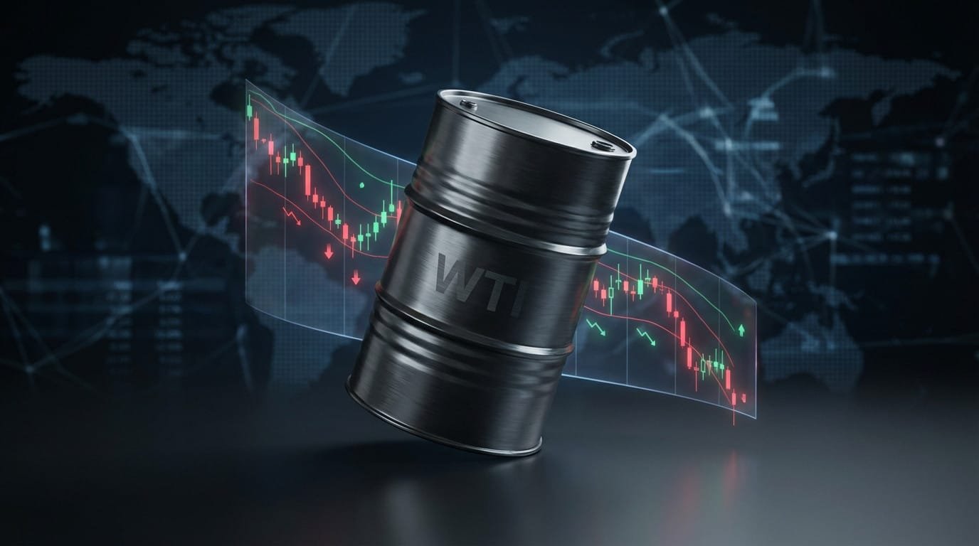 Un baril de pétrole WTI en métal devant un graphique boursier montrant une baisse des prix et une carte du monde en arrière-plan.