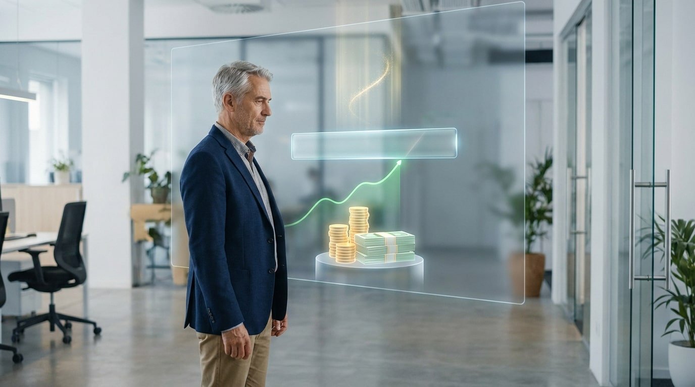 Un homme mature regarde un écran holographique affichant des graphiques de croissance financière, des pièces et des billets, en bureau.
