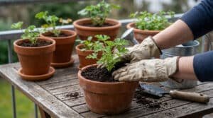 Close-up of gloved hands planting a young citronella geranium into a terracotta pot on a wooden table, with other potted geraniums in the background on a balcony.
