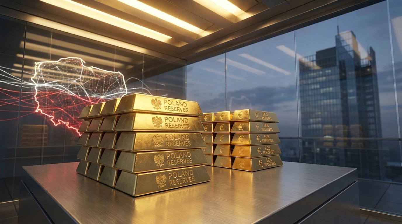 Two stacks of gleaming gold bars, Poland's larger than ECB's, in a modern vault with a glowing Polish map and city skyline.