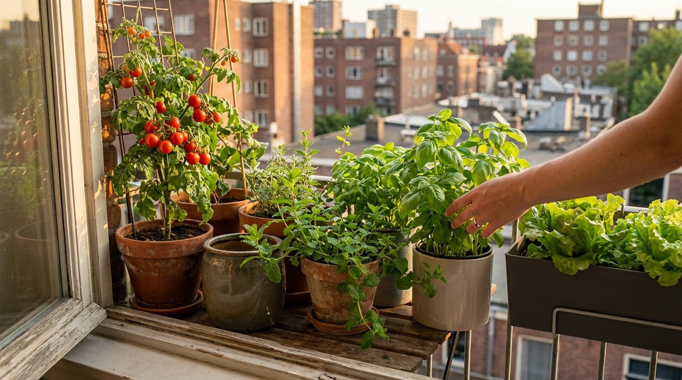 Main récoltant du basilic dans un potager de balcon avec tomates, menthe et laitue, vue sur des immeubles de ville au crépuscule.