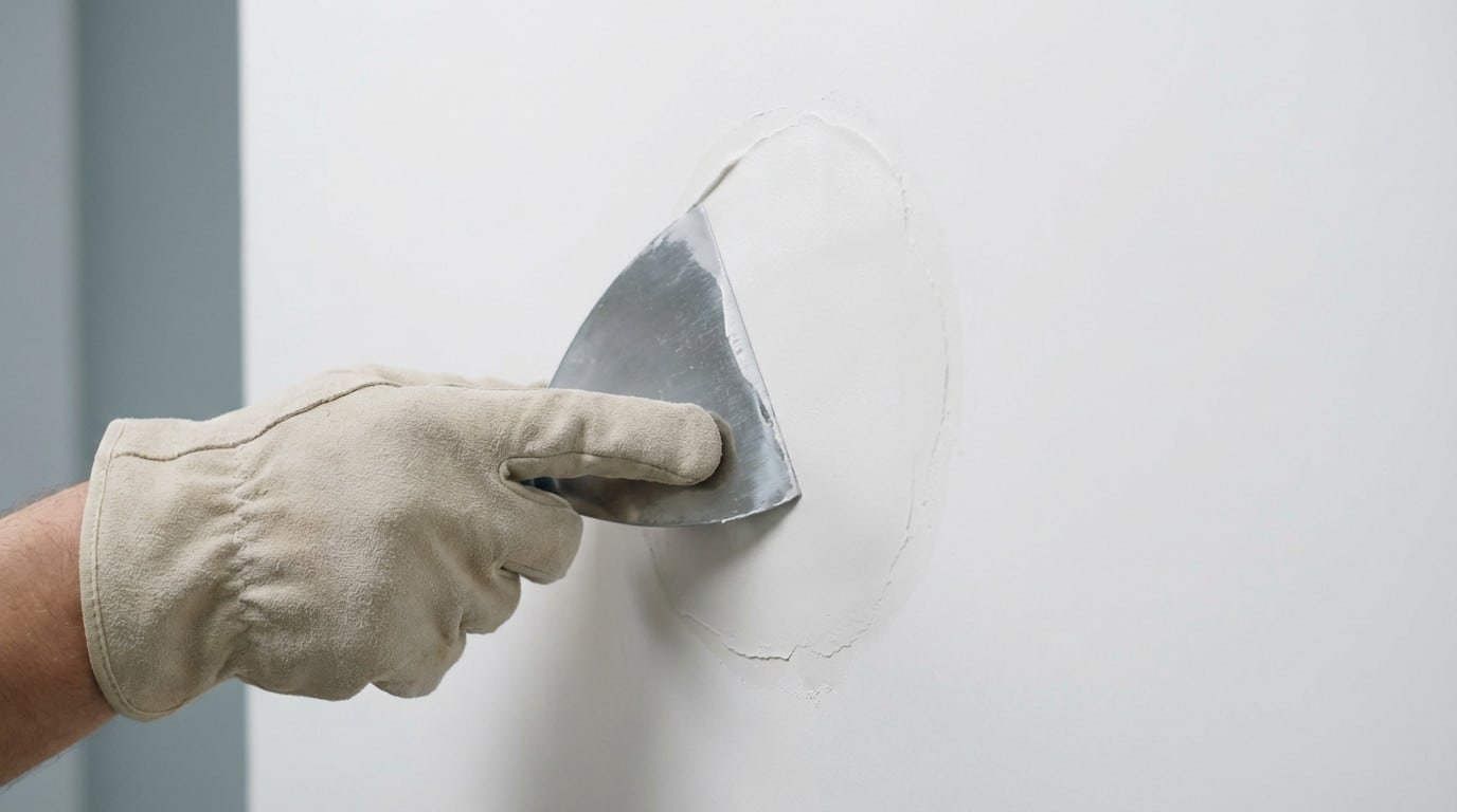 A gloved hand expertly smooths white joint compound on a wall repair with a silver trowel, aiming for an invisible finish.