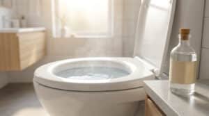 Toilettes blanches avec de l'eau qui fume dans la cuvette et une bouteille de vinaigre à côté, dans une salle de bain lumineuse.