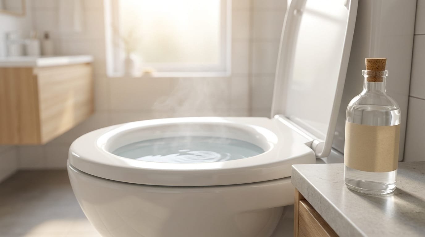Toilettes blanches avec de l'eau qui fume dans la cuvette et une bouteille de vinaigre à côté, dans une salle de bain lumineuse.