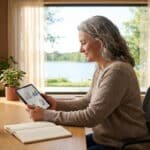 Femme d'âge mûr aux cheveux gris consultant un graphique sur tablette, devant un lac, pour la planification de sa retraite.