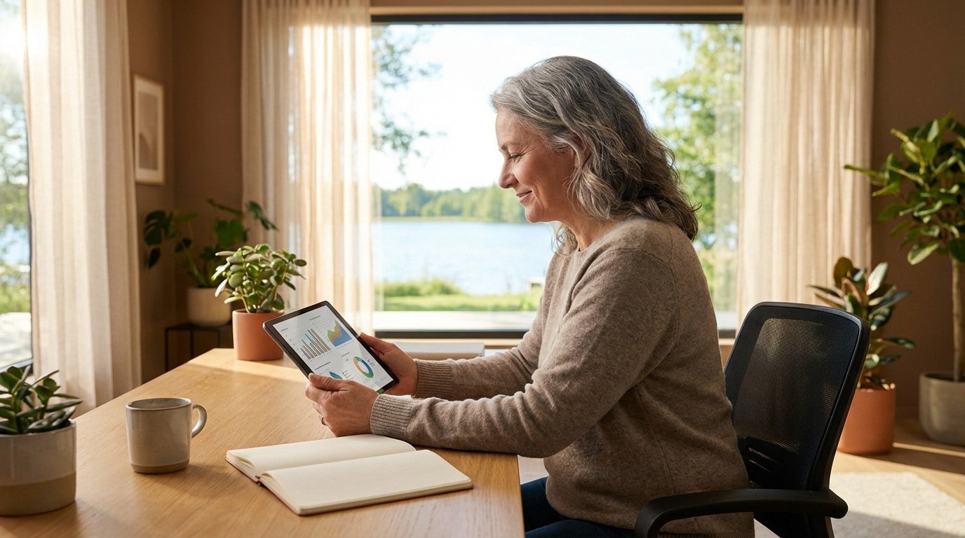 Femme d'âge mûr aux cheveux gris consultant un graphique sur tablette, devant un lac, pour la planification de sa retraite.