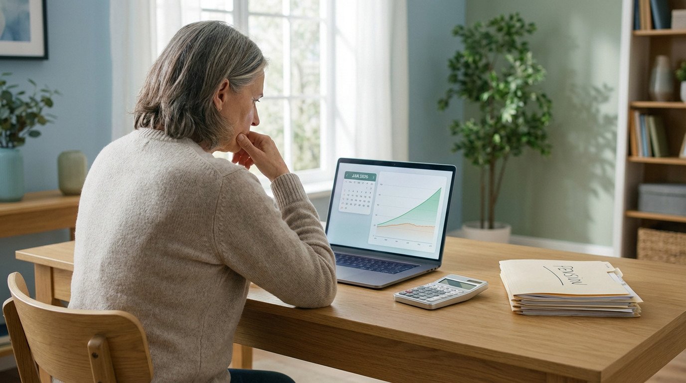 Femme âgée planifiant sa retraite devant un ordinateur portable affichant des graphiques financiers et un calendrier (Jan 2026). Un dossier "PENSION" et une calculatrice sont sur le bureau.