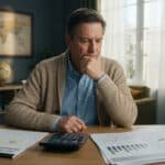 Homme d'âge mûr pensif devant des documents financiers et un calendrier 2026, évoquant les risques liés à la retraite.