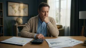 Homme d'âge mûr pensif devant des documents financiers et un calendrier 2026, évoquant les risques liés à la retraite.