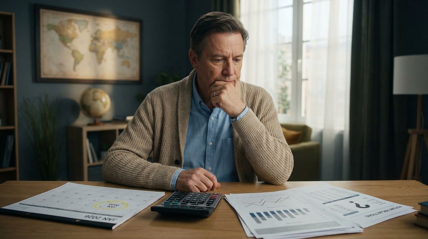 Homme d'âge mûr pensif devant des documents financiers et un calendrier 2026, évoquant les risques liés à la retraite.