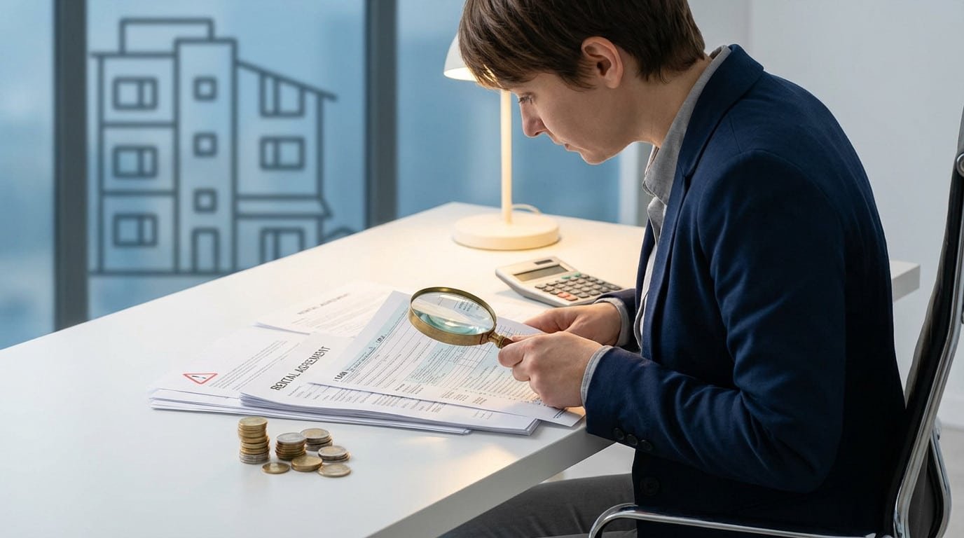 A person intently examines rental documents with a magnifying glass on a modern desk. A calculator, coins, and a blurred building silhouette are in the background.