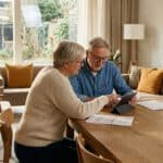 Couple senior à table, la femme pointant une tablette que le mari regarde attentivement, devant une grande fenêtre donnant sur un jardin.