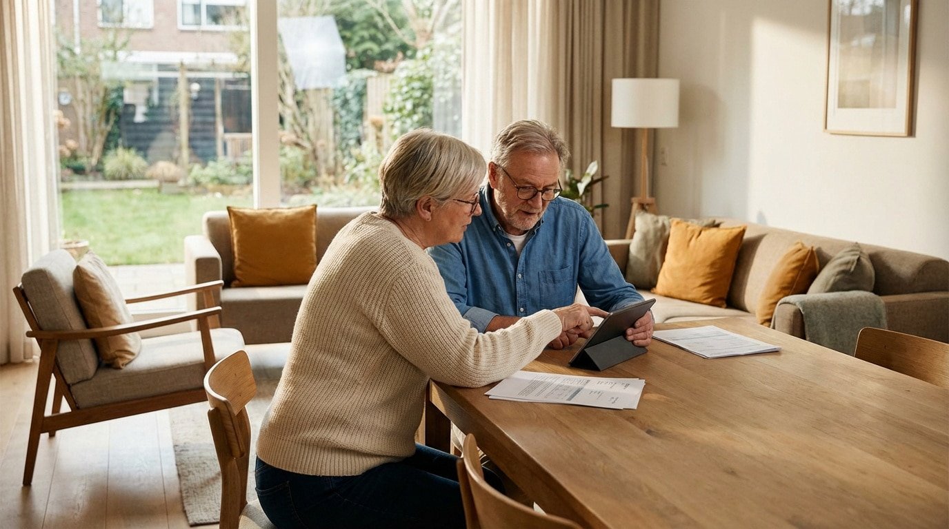 Couple senior à table, la femme pointant une tablette que le mari regarde attentivement, devant une grande fenêtre donnant sur un jardin.