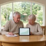 Couple senior analysant des graphiques financiers sur une tablette à la maison, illustrant la planification de la retraite.