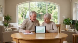 Couple senior analysant des graphiques financiers sur une tablette à la maison, illustrant la planification de la retraite.