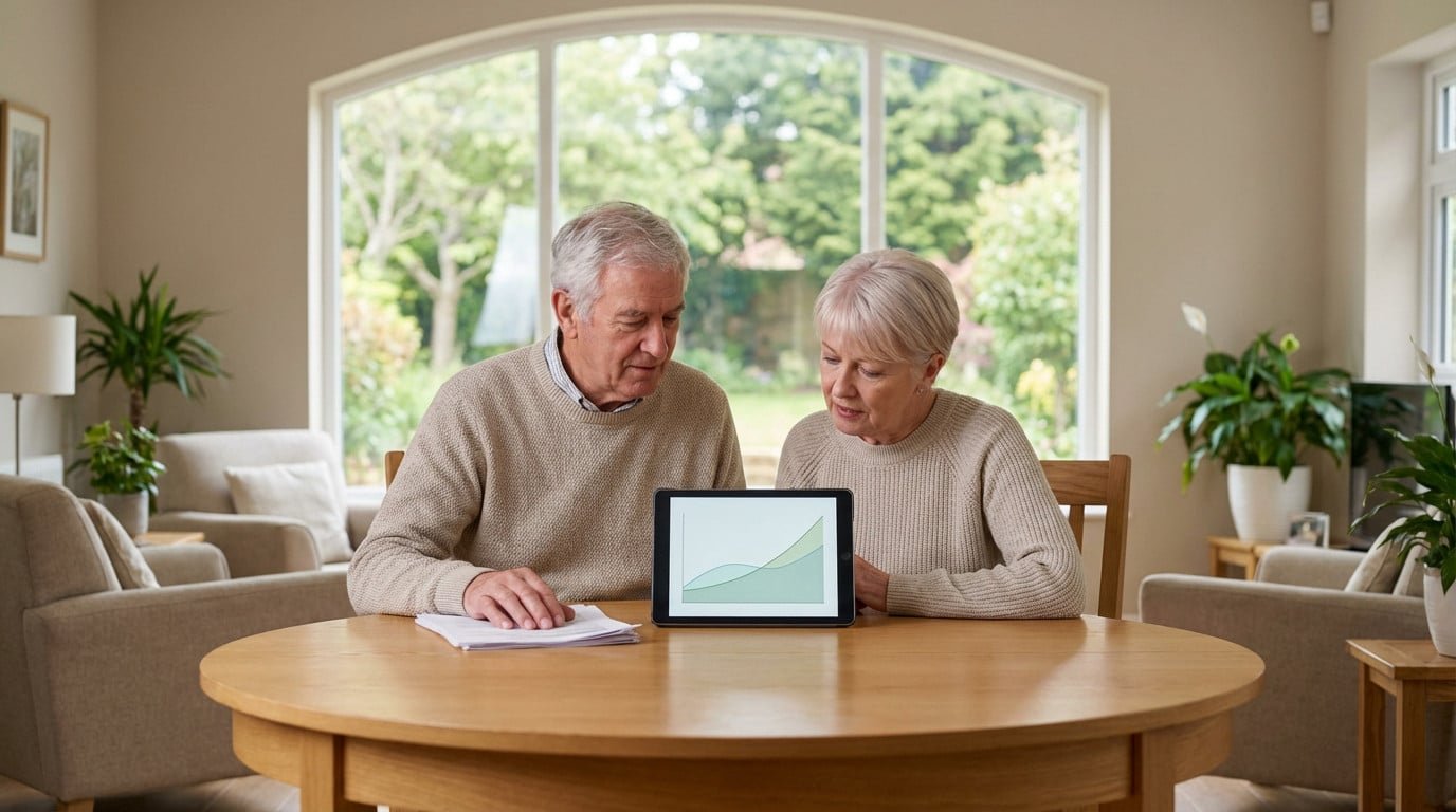 Couple senior analysant des graphiques financiers sur une tablette à la maison, illustrant la planification de la retraite.