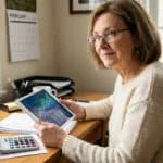 Femme âgée souriante regardant des graphiques financiers sur une tablette à son bureau, avec une calculatrice et un calendrier de février.