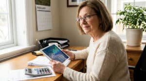 Femme âgée souriante regardant des graphiques financiers sur une tablette à son bureau, avec une calculatrice et un calendrier de février.