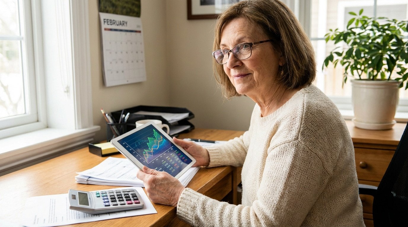 Femme âgée souriante regardant des graphiques financiers sur une tablette à son bureau, avec une calculatrice et un calendrier de février.