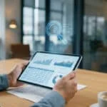 Personne analysant des données financières sur une tablette, avec une loupe holographique symbolisant l'audit des comptes Carsat.