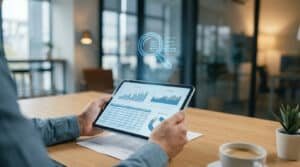 Personne analysant des données financières sur une tablette, avec une loupe holographique symbolisant l'audit des comptes Carsat.