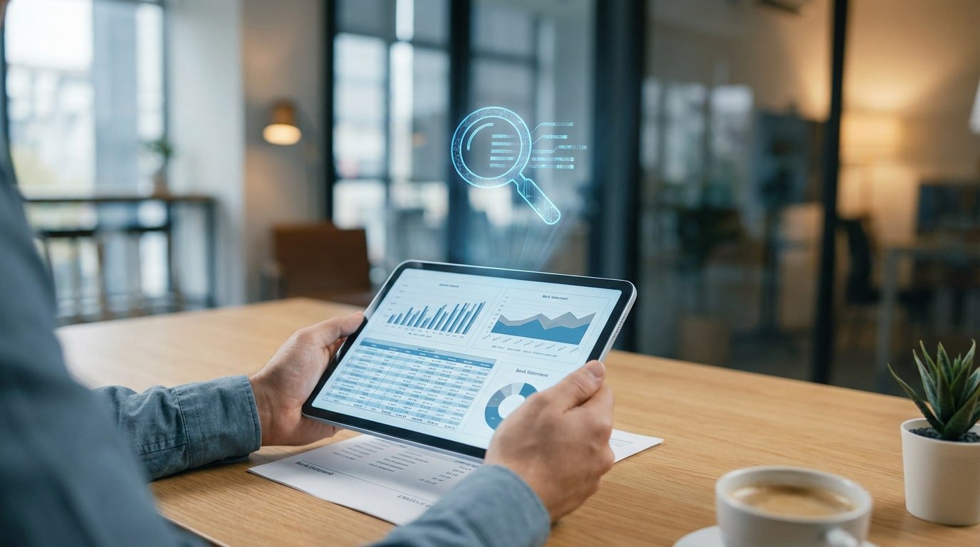 Personne analysant des données financières sur une tablette, avec une loupe holographique symbolisant l'audit des comptes Carsat.