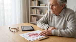 Senior person looking concerned at a desk with a document stamped 'SUSPENDU', glasses, pen, and a tablet showing Feb 2026.