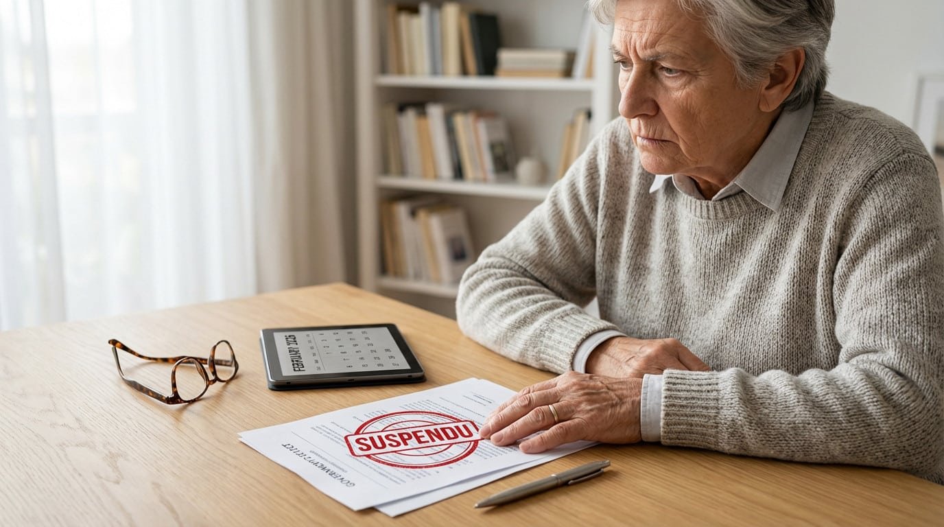 Senior person looking concerned at a desk with a document stamped 'SUSPENDU', glasses, pen, and a tablet showing Feb 2026.