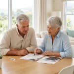 Un couple senior, assis à table chez eux, examine des documents. La femme pointe un détail avec un stylo, l'homme écoute attentivement.