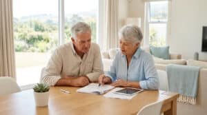 Un couple senior, assis à table chez eux, examine des documents. La femme pointe un détail avec un stylo, l'homme écoute attentivement.